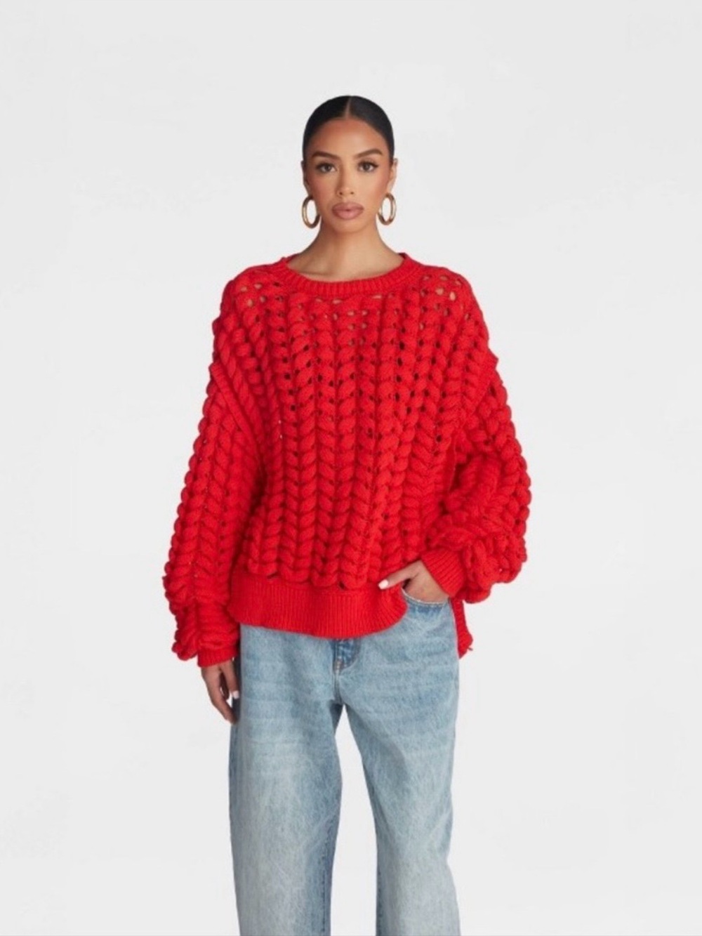 Red Pullover Chunky Cable Knit Women's Sweater by Kbb by  KAHLANA  🎯